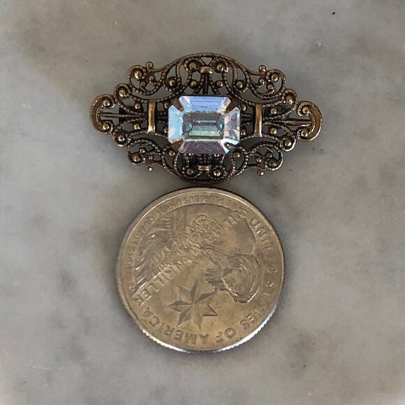 SADIE GREEN Signed Filigree Rectangle Crystal Brooch Pin Vintage - Picture 11 of 15